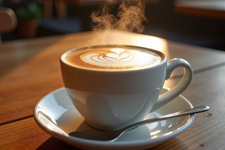 Hot coffee served in a cup on a wooden table