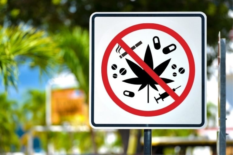 Prohibited sign for recreational drugs in a public outdoor setting