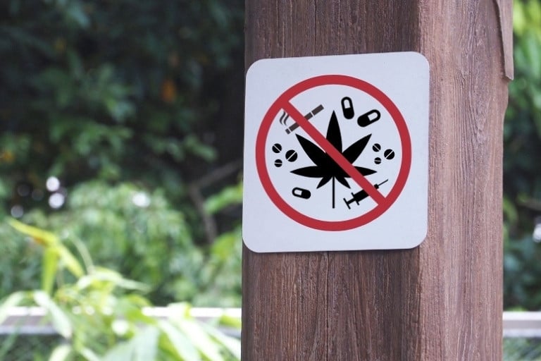 Prohibited sign for recreational drugs in a public park setting