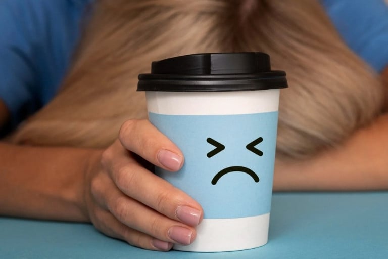 Takeaway coffee cup with a stressed emoji label held by a person with their head down on the table