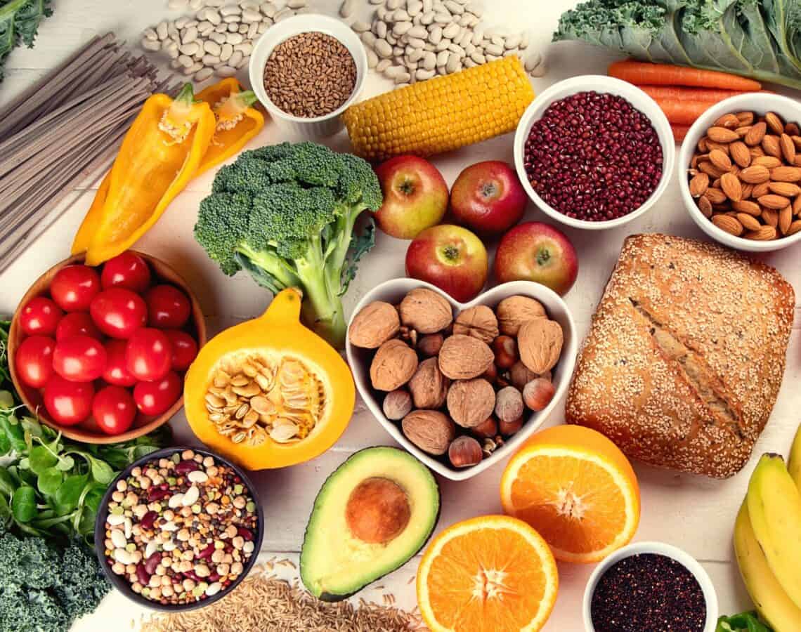 Colourful fruit, vegetables and grains