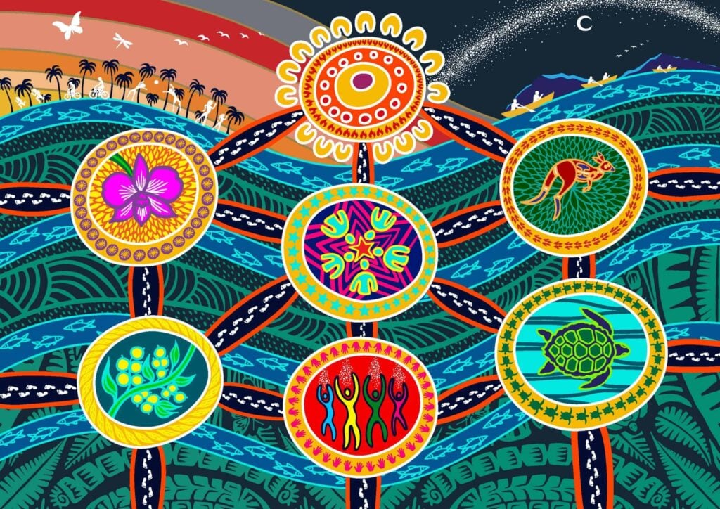 Colourful Aboriginal and Torres Strait Islander patterns featuring a kangaroo, turtle, the Cooktown orchid and people participating in sports.