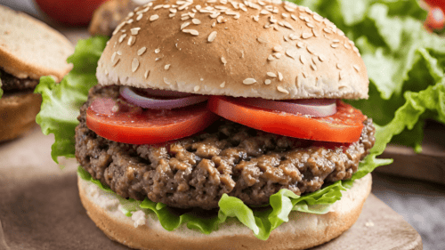 Beef burger with sliced tomato, lettuce and red onion on a seeded bun