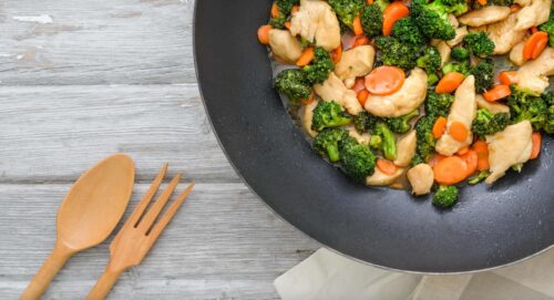 Ginger and veggie stir fry in wok