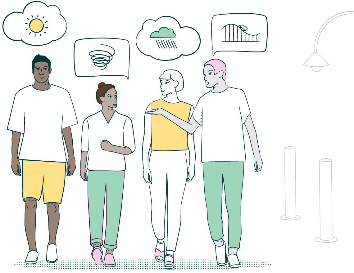 Coloured line drawing of four people walking and talking to each other with thought bubbles above their head, outside, with a streetlight visible.
