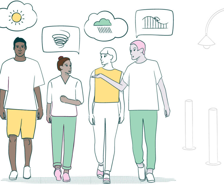 Coloured line drawing of four people walking and talking to each other with thought bubbles above their head, outside, with a streetlight visible.