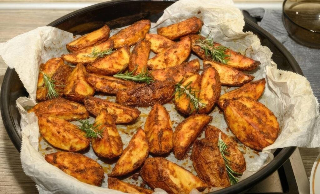 Tray of baked potatoe wedges seasoned with rosemary sprigs
