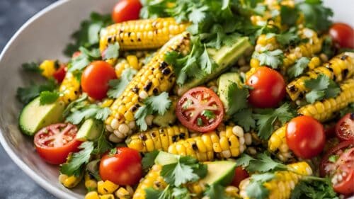 Grilled corn and cilantro salad with cherry tomatoes and avocado
