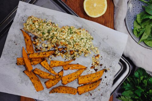 Macadamia crusted fish with homemade sweet potato fries