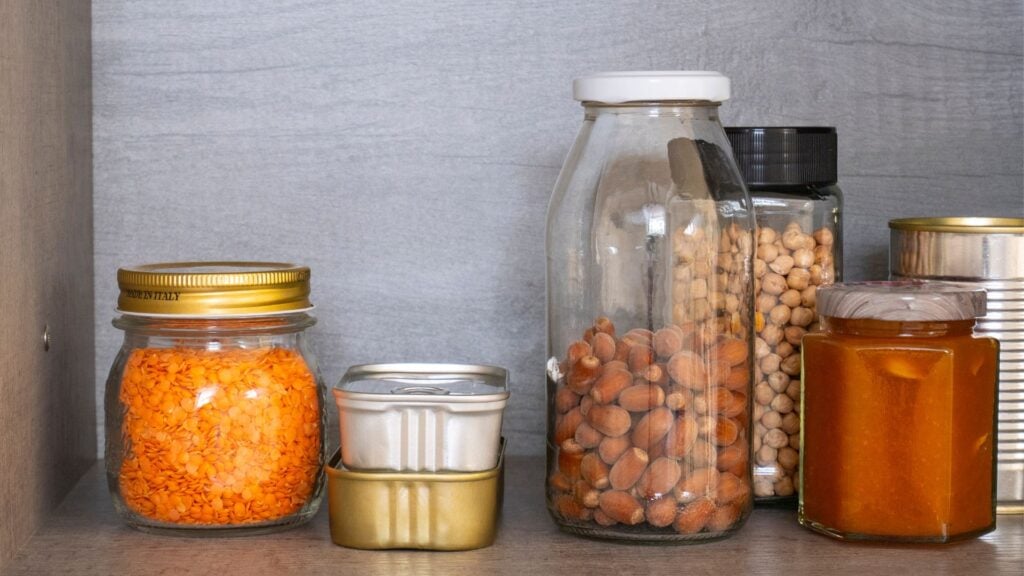 Jars of lentils and tins of fish