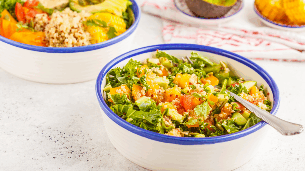 2 white and blue bowls with salad to support your immune system