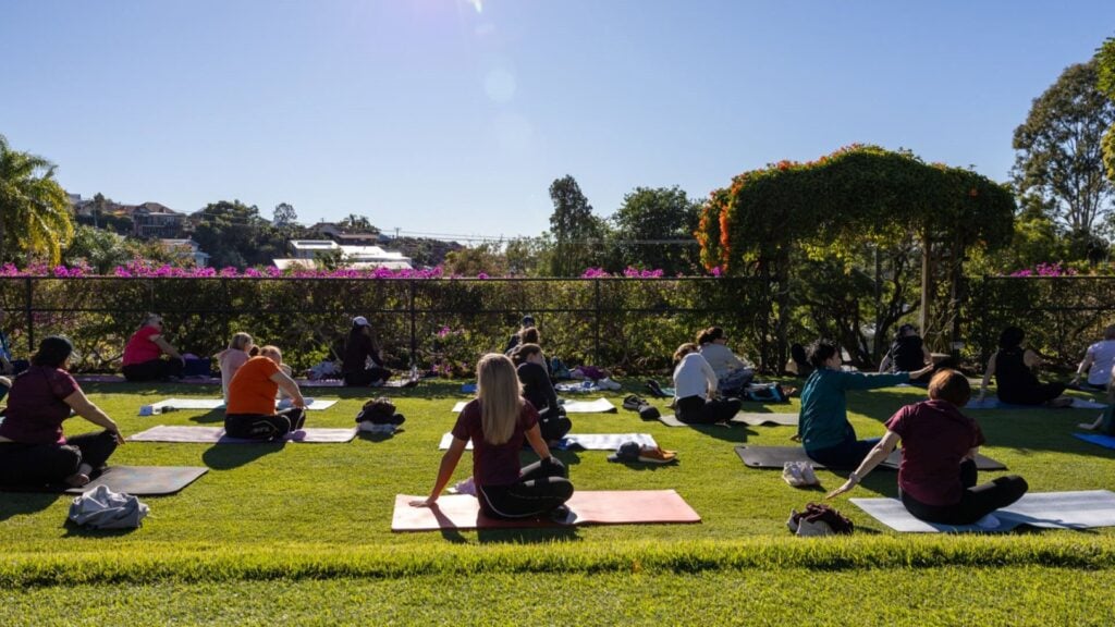 A group of people doing yoga on grass