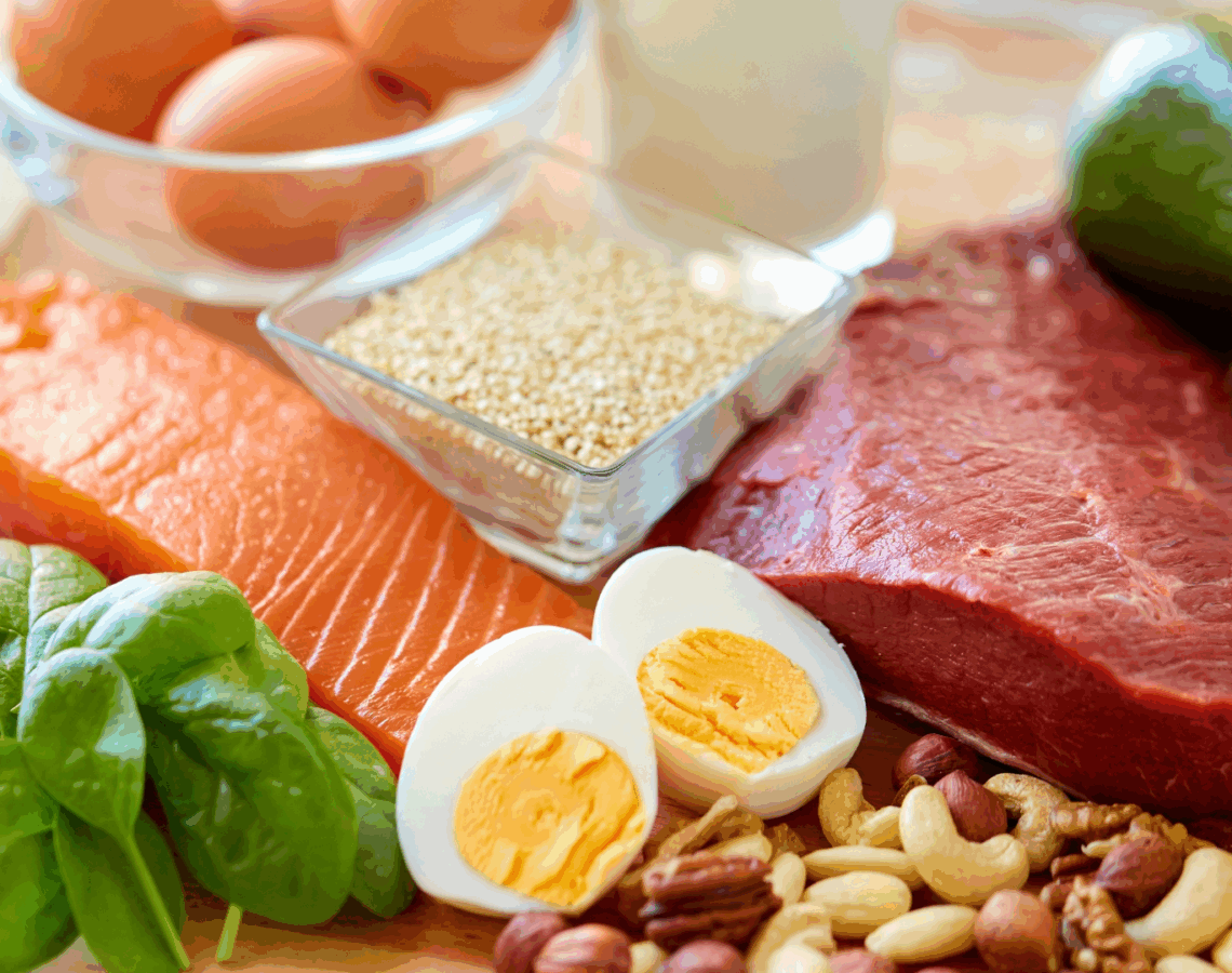 Salmon, eggs, red meat, avocado and nuts on a plate