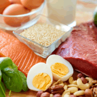 Salmon, eggs, red meat, avocado and nuts on a plate