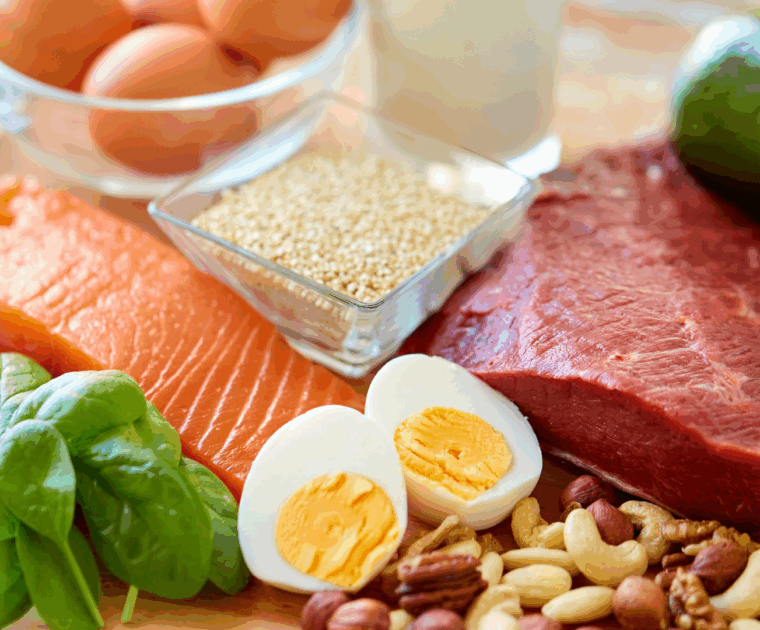 Salmon, eggs, red meat, avocado and nuts on a plate
