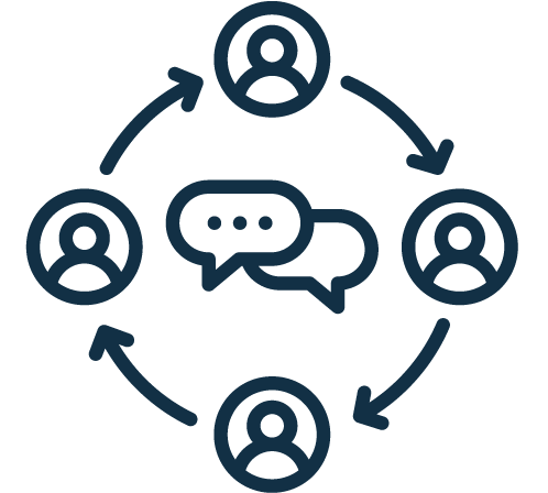 Illustration of a communication network among four user icons, with arrows indicating the flow of conversation and one icon associated with a speech bubble.