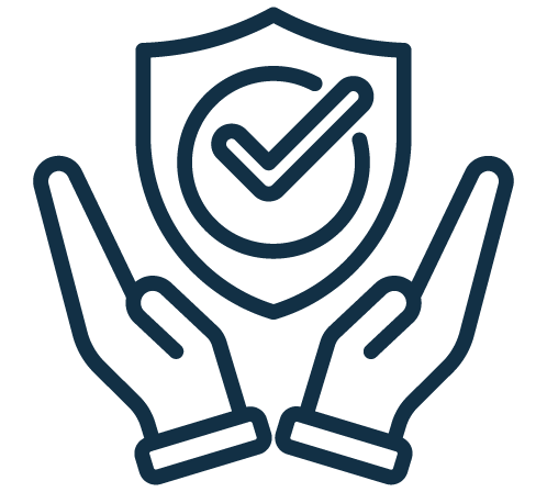 Icon featuring a shield with a check mark, encased by two hands, symbolizing protection or assurance. The design is outlined in dark blue.