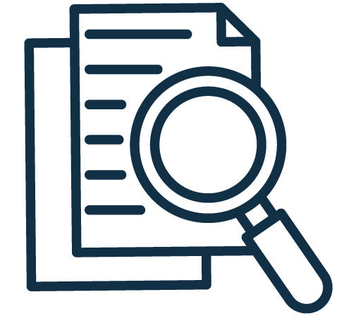Icon depicting a magnifying glass over documents, representing search or review of paperwork.