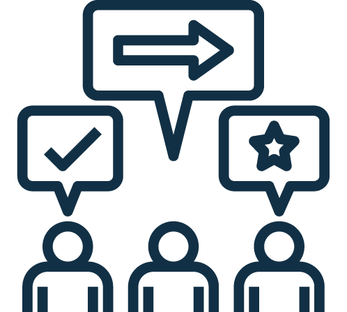 An icon with 3 people. Above them are speech boxed with a tick, an arrow and star