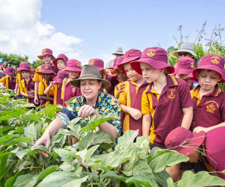 A group of school kids visiting a farm