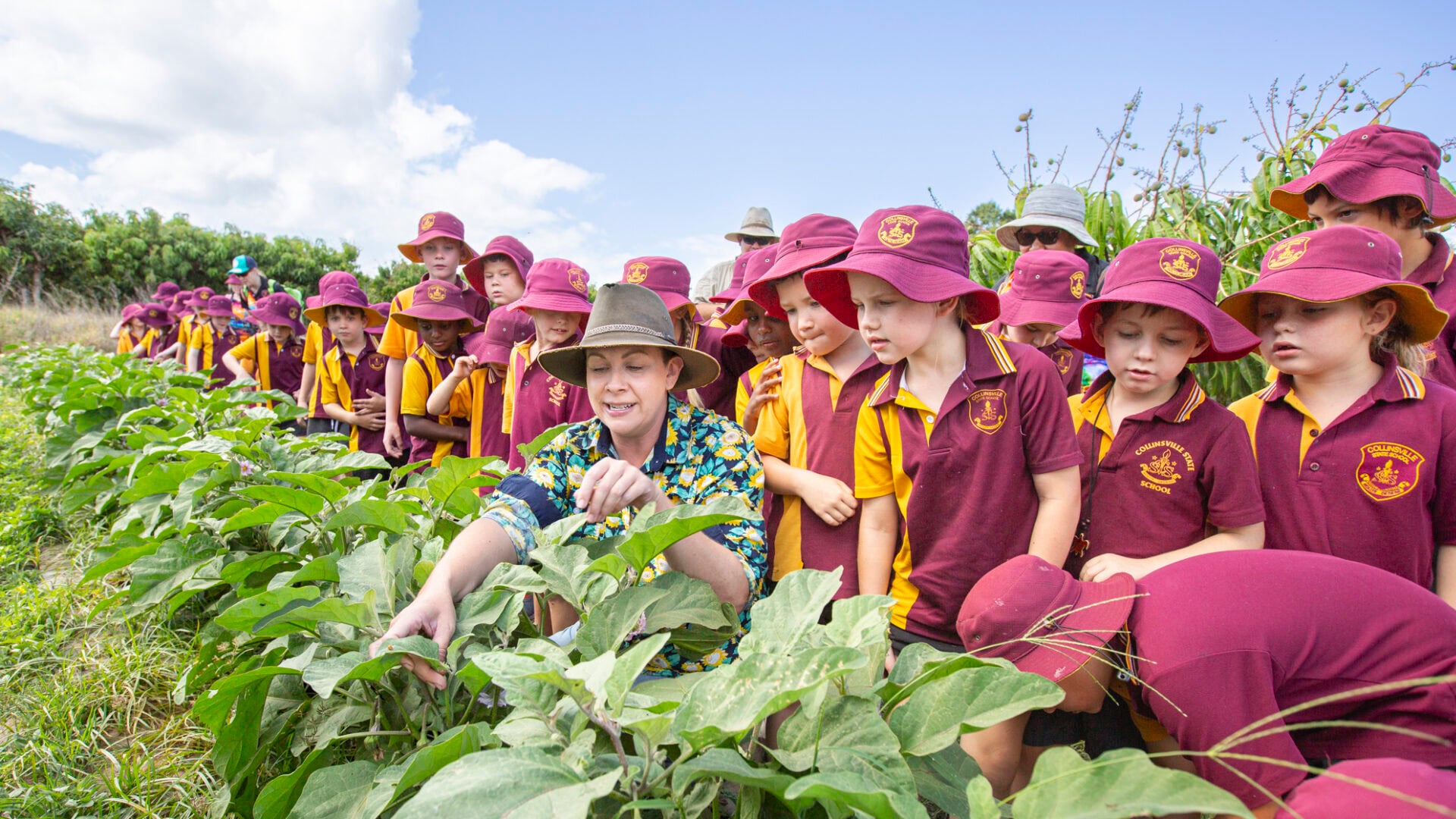 A group of school kids visiting a farm