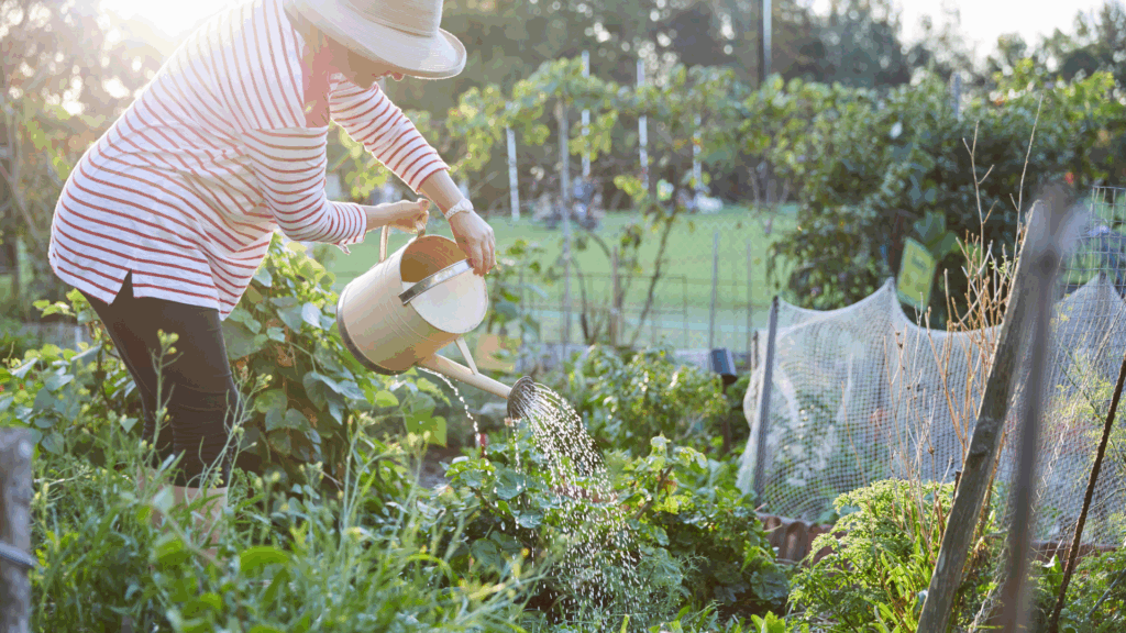 A woman is wearing a hat and watering plants in a garden