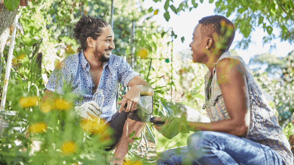 Two individuals gardening