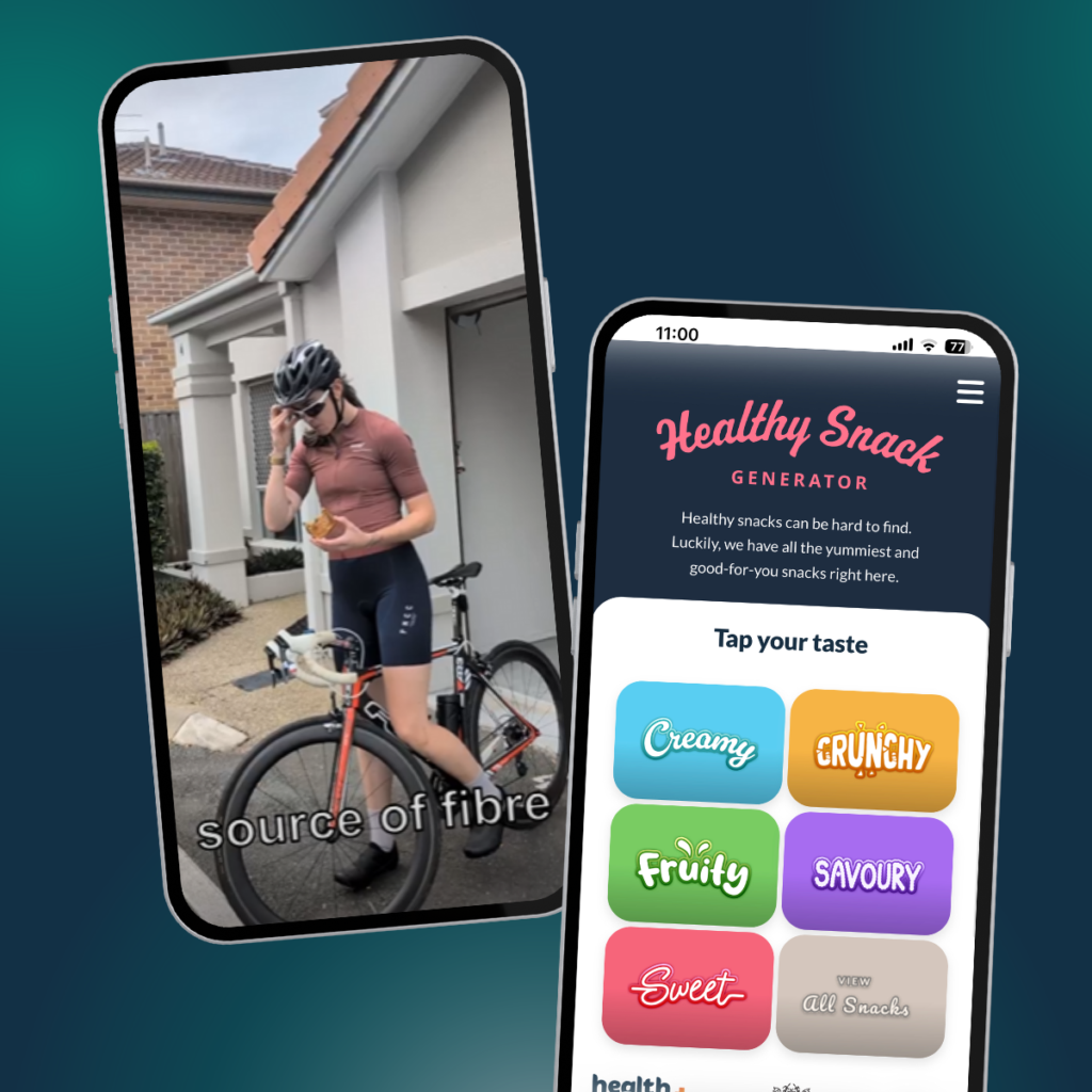Screenshot of Healthy Snack generator. One phone screen showing woman on bike eating toast. One screenshot of app. 