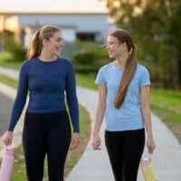 Two young woman walk together on a foot path wearing activewear