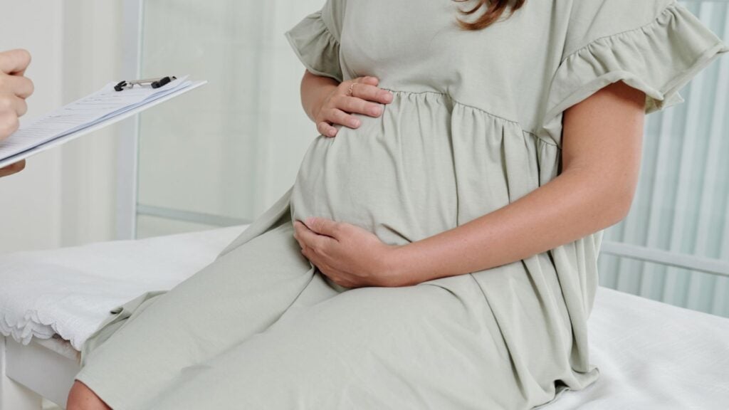 Pregant woman sits on hospital bed with a clinician holding a clipboard in front of her
