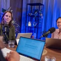 Three women in podcast setting for Clinician’s Guide to Women and Girls’ Health