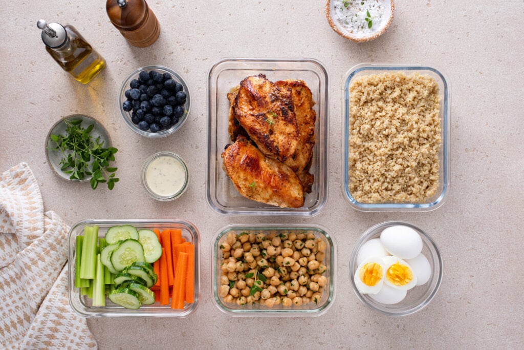 A birds eye view of meal prepping in different containers