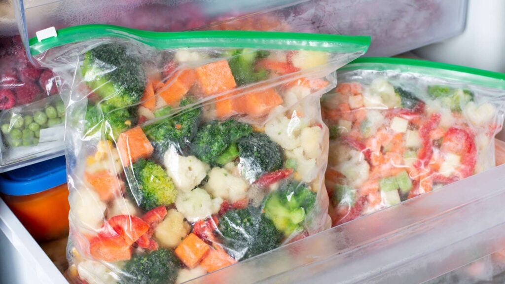 Homemade frozen mixed bag of cut up vegetables.