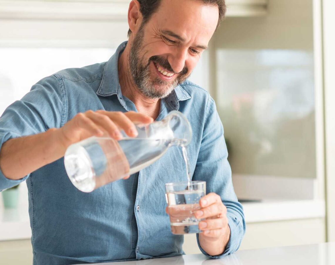 Man pouring a glass of water in the kitchen