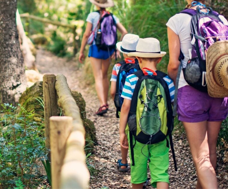 Woman and kids go on a hike together