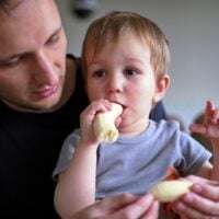 Young boy eats a banana while sitting in his father's lap