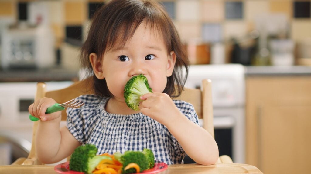 Young girl eats a piece of broccoli 