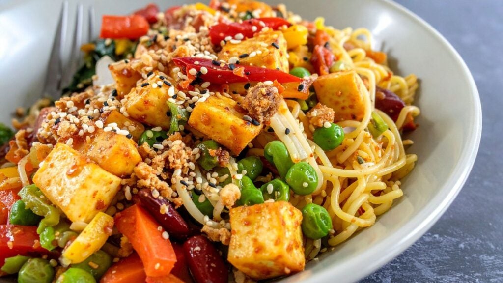 Tofu stir fry with vegetables and noodled