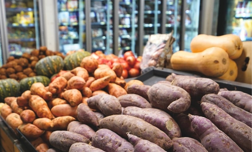 sweet potato, pumpkins, and potatoes in remote store