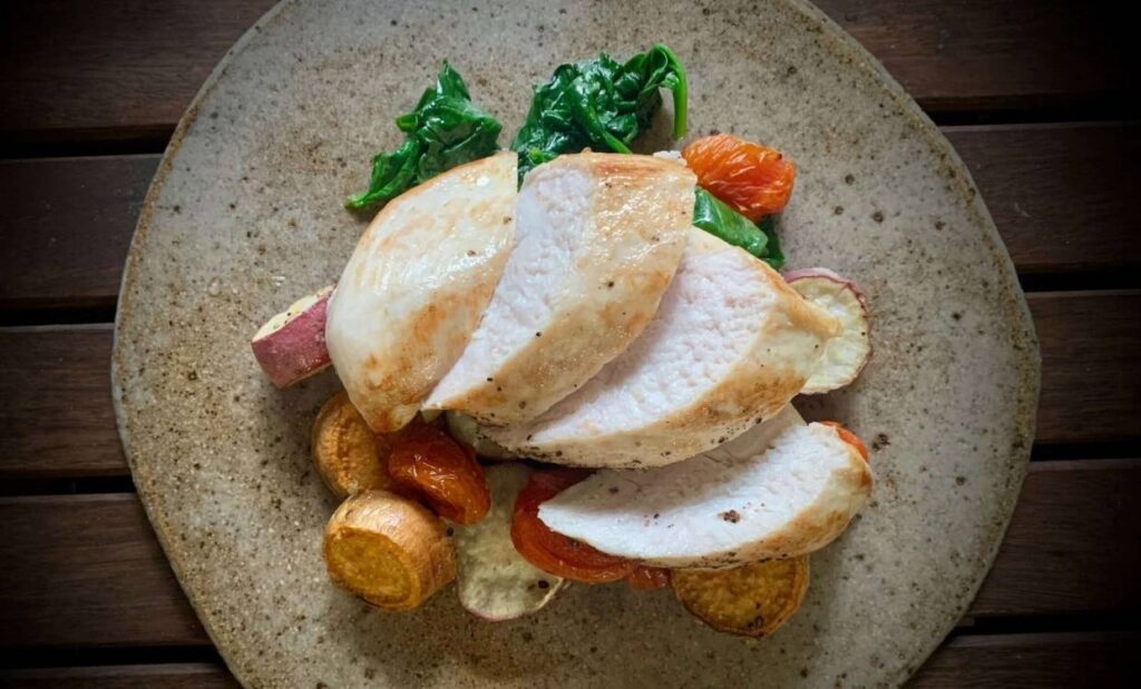 Chicken with Roasted Sweet Potato, Cherry Tomatoes and Spinach