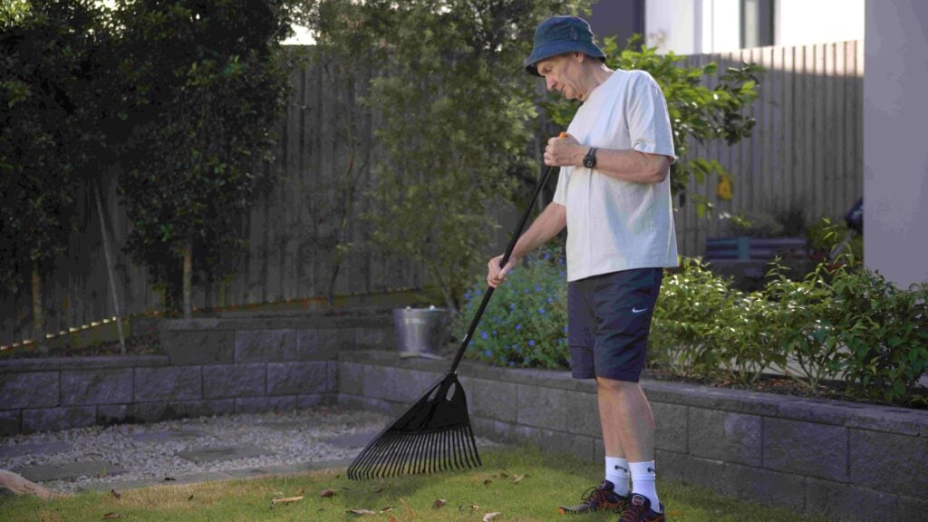 Man rakes leaves in backyard