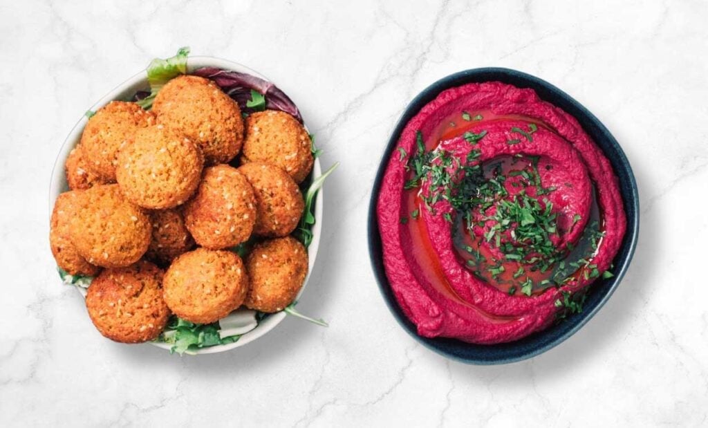 Cauliflower chickpea balls with beetroot hummus