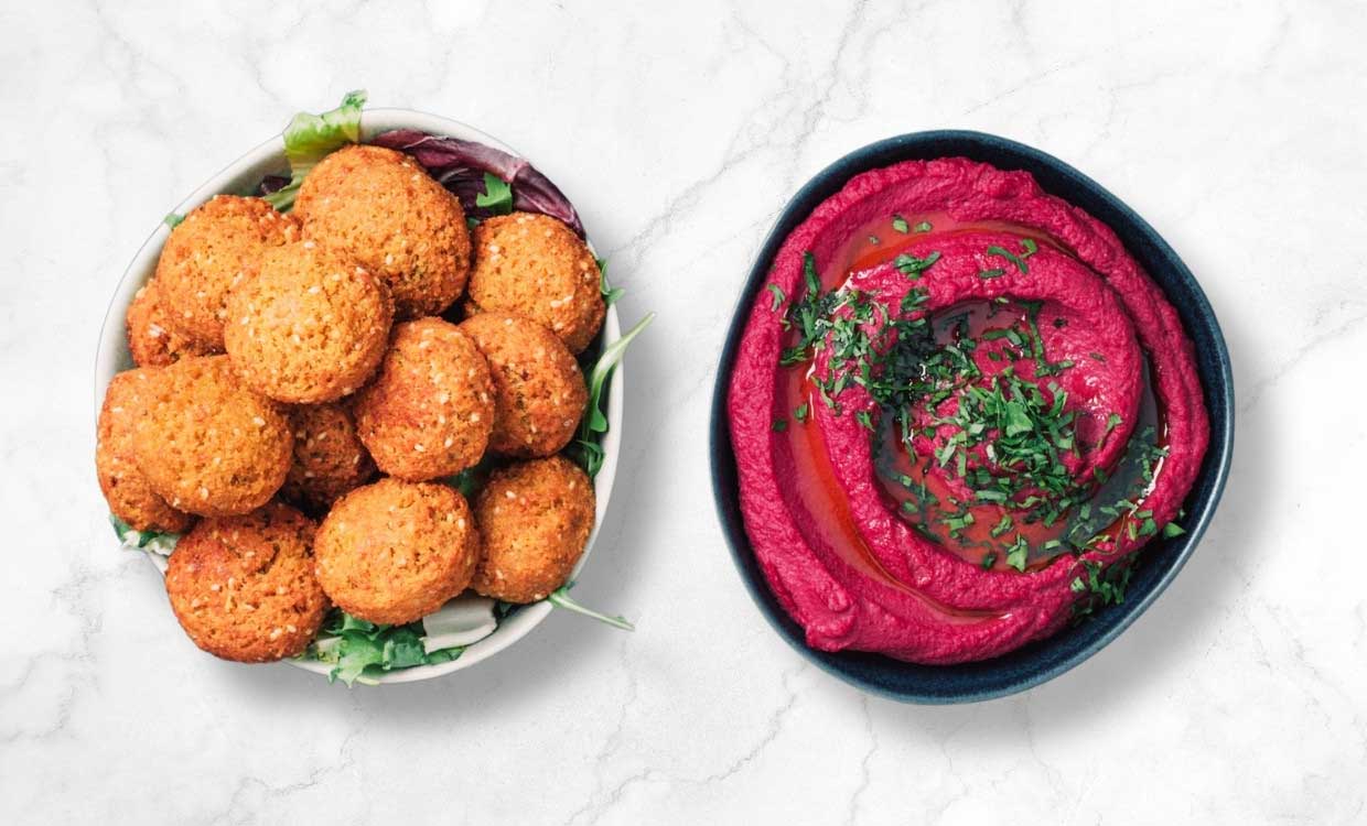 Cauliflower chickpea balls with beetroot hummus