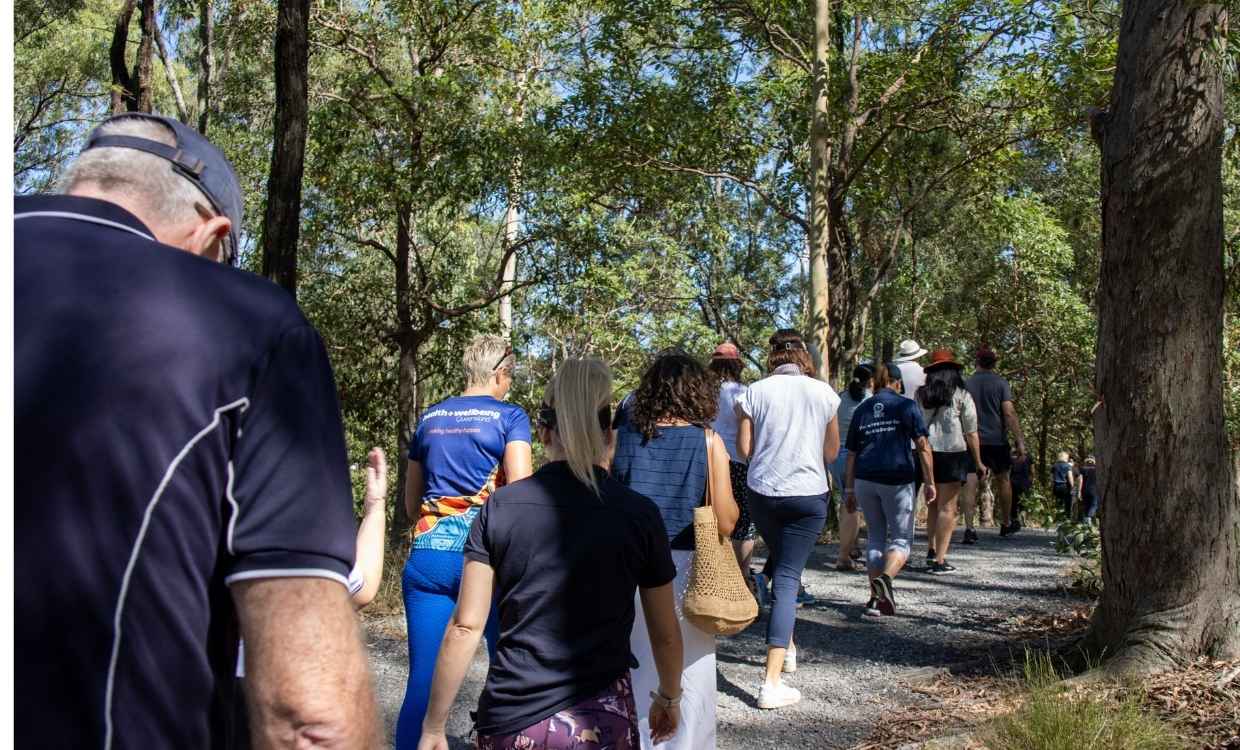 Group of people walking on outdoor path surrounded by large trees