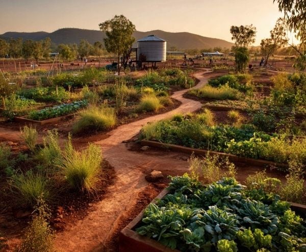 Winding red dirt pathway through a series of vegetable garden beds in an outback remote setting