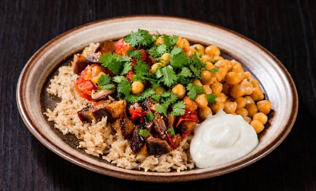 A plate filled with roasted chickpeas, brown rice, strawberry chutney, natural yoghurt and sprinkled with fresh corriander