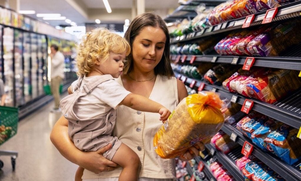 Mother read bread label in supermarket while holding toddler