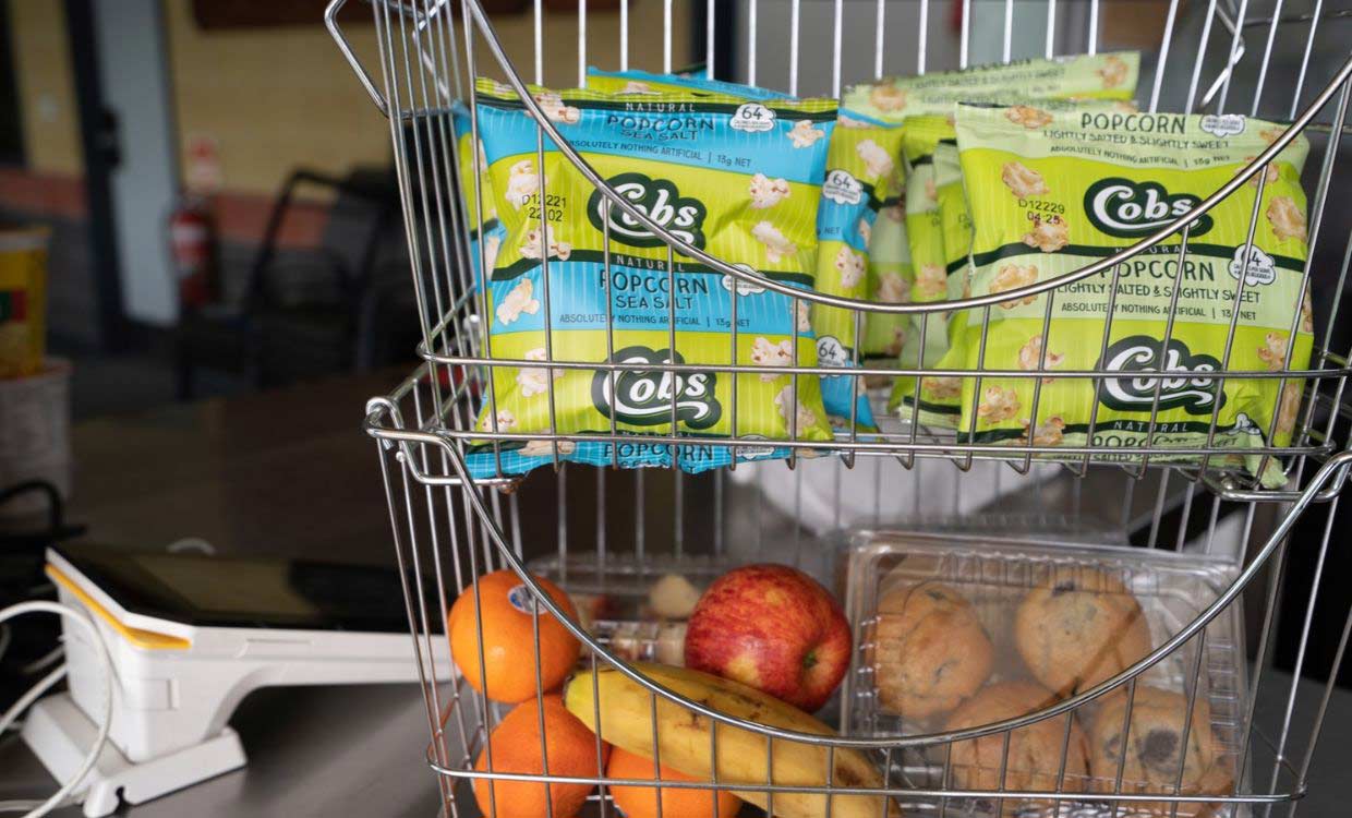Tiered display of healthy snacks at the sports canteen